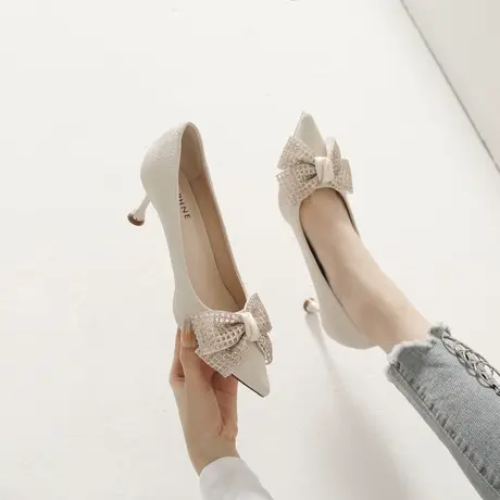 法式蝴蝶结配礼服高跟鞋女2023年春季新款性感仙女风尖头细跟单鞋商品大图