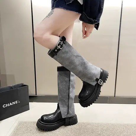 高筒炸街帅气长靴女爆款网红超火裤腿靴厚底松糕显瘦西部靴骑士靴商品大图