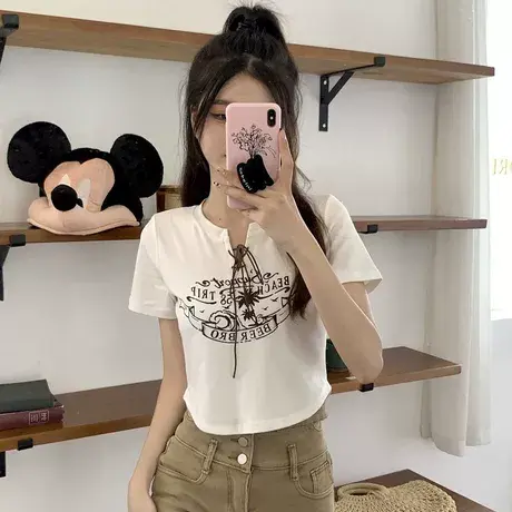 大码女装胖mm夏季新款美式复古辣妹短款印花短袖T恤女上衣潮200斤商品大图