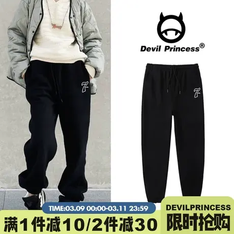 美式街头运动风黑色卫裤女ins潮2024早春新款阔腿宽松显瘦束脚裤图片