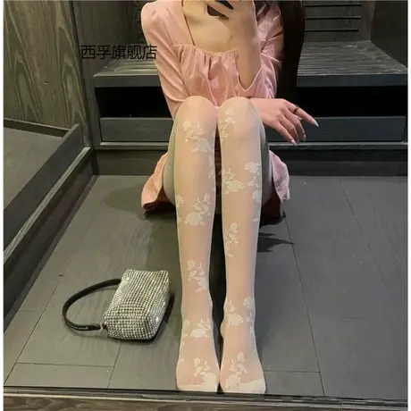 2023春秋新款玫瑰花丝袜刺绣白色花朵丝袜蕾丝复古白丝薄款连裤袜商品大图