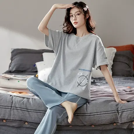 猫人7A抑菌纯棉睡衣女款春夏季2024新款短袖长裤家居服套装可外穿商品大图