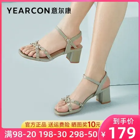 意尔康铆钉凉鞋女时装2023年新款夏季女鞋高跟粗跟女款简约一字带图片