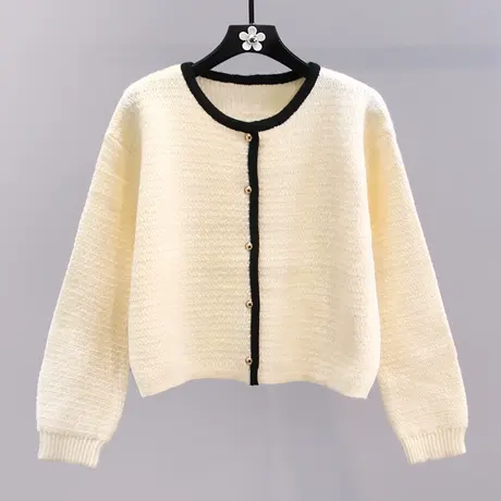 小香风圆领撞色毛衣外套女2023秋冬新款宽松高级感短款针织开衫商品大图