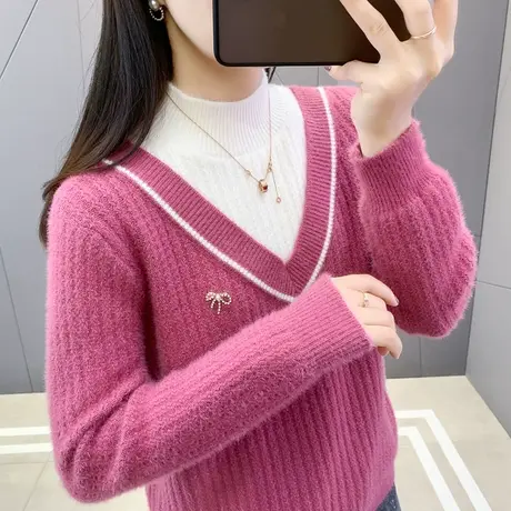 防水貂绒假两件上衣女士2023新款洋气半高领毛衣宽松针织打底衫厚图片
