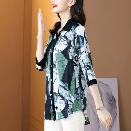 秋季中年女装妈妈上衣夏新款衬衫七分袖碎花大码遮肚子雪纺衫宽松商品大图