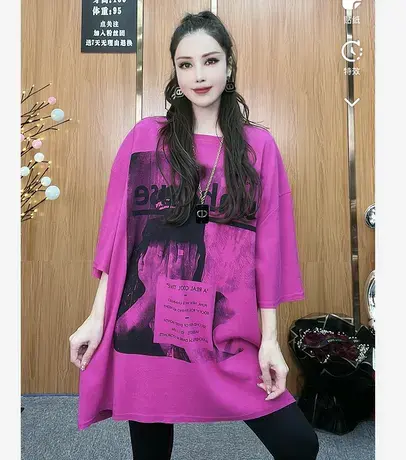 春装短袖宽松t恤女2023年夏季胖mm大码圆领印花中长款上衣欧洲站商品大图