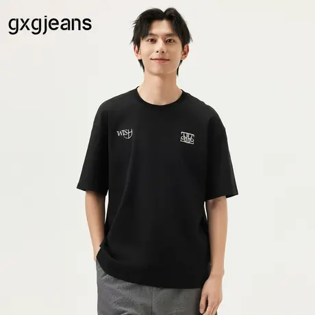 gxg.jeans男装 黑色字母绣花简约休闲宽松基础短袖T恤男 25夏新品图片