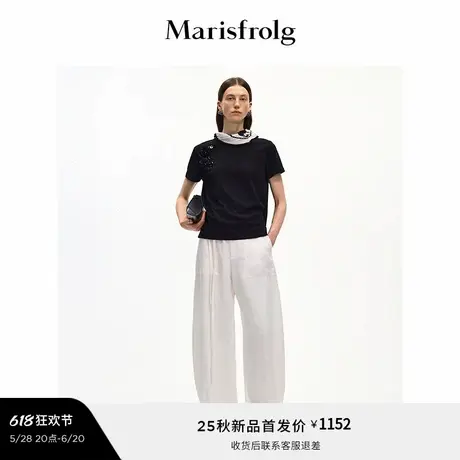 【花香面料】Marisfrolg玛丝菲尔2025秋新款黑色圆领钉珠T恤上衣商品大图