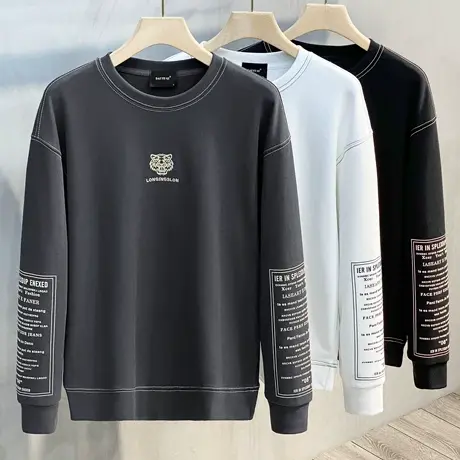 秋冬新款男装个性潮流虎头刺绣时尚宽松圆领长袖T恤休闲卫衣男潮商品大图