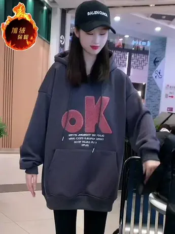 欧洲站新款毛巾绣字母OK印花加绒连帽卫衣女2023秋冬新款慵懒风潮商品大图