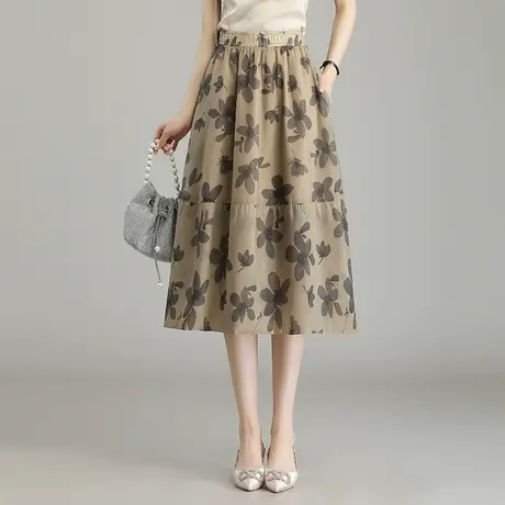 松紧腰印花裙a字裙女夏季2023新款花苞半身裙中长显瘦遮肚休闲裙图片
