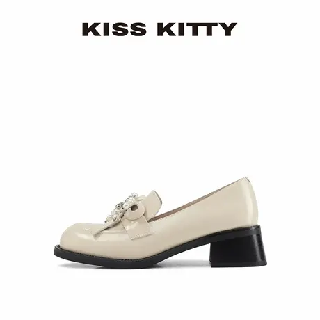 KISSKITTY粗跟高跟鞋女不累脚拼色小皮鞋气质玛丽珍一脚蹬单鞋女图片