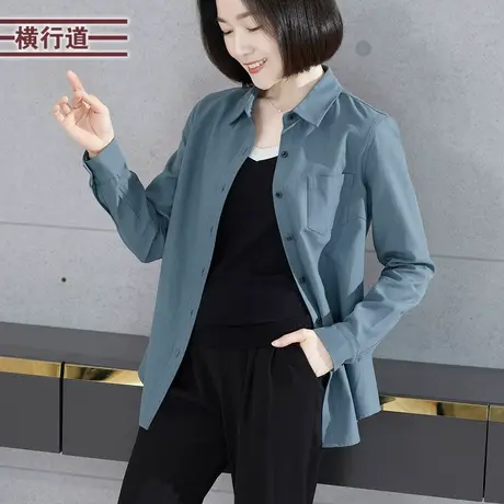 翻领纯色长袖衬衣女2023新款冬装宽松衬衫口袋大码胖MM妈妈外套女图片