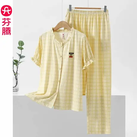 芬腾睡衣女款夏季纯棉短袖套装夏款薄款可外穿格子2025新款家居服商品大图