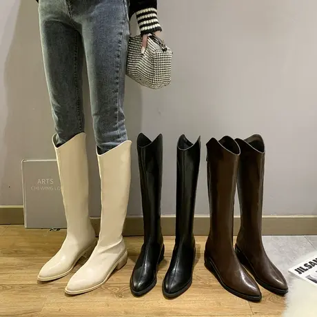 不过膝长筒靴女2023新款复古V口尖头粗跟高筒骑士靴西部牛仔靴子图片