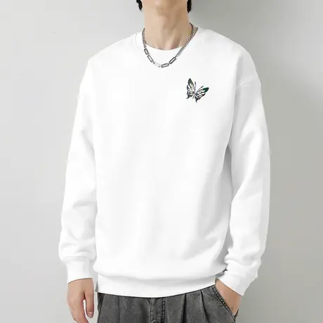 重磅纯棉白色卫衣男秋冬2023新款潮流印花摇粒绒圆领无帽长袖宽松商品大图