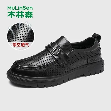 木林森男鞋2025夏季透气软底豆豆鞋男纯牛皮棕色男士商务休闲皮鞋商品大图