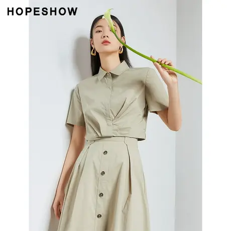 红袖outlets卡其色衬衫hopeshow2023夏季新款女扭结松紧设计上衣商品大图