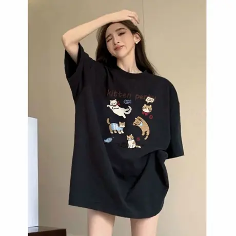 纯棉黑色圆领短袖t恤女夏季2025新款女装宽松可爱卡通印花上衣潮商品大图