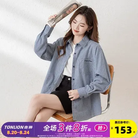 唐狮2025新款长袖衬衫女格子复古日系字母刺绣翻领百搭休闲上衣bl图片