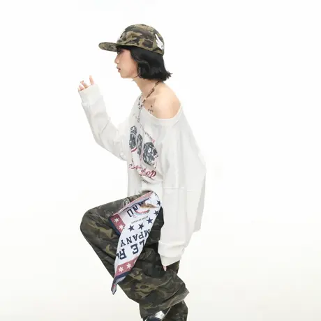 美式辣妹斜肩创意印花卫衣女春秋新款宽松露肩显瘦甜辣慵懒风上衣商品大图
