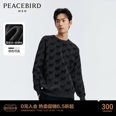 太平鸟男装 2023年春季新款满版猫咪雪尼尔毛衫男士打底衫针织衫图片