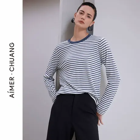 爱慕·CHUANG馈然6保暖女含羊毛条纹圆领长袖打底上衣CA721863图片