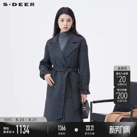sdeer圣迪奥冬季女装复古西装领格纹收腰毛呢大衣S23482510商品大图