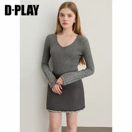 DPALY2025年秋季新款灰色针织衫女羊毛打底衫修身烫钻长袖上衣图片