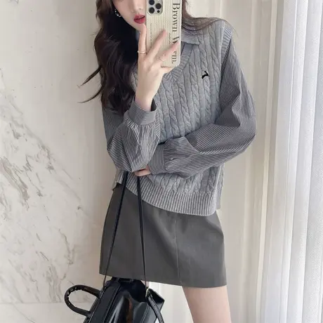 唐狮秋冬季女毛衣小刺绣绞花V领套头马甲学院风简约百搭毛线衫tu商品大图