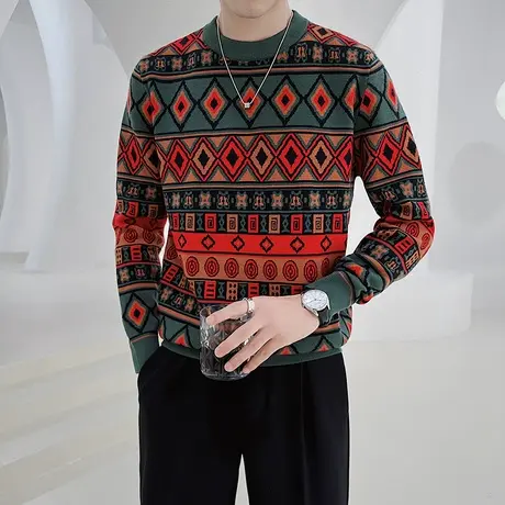 秋冬毛衣男民族风印花爆款潮牌高级感花色修身打底针织衫线衣体恤商品大图
