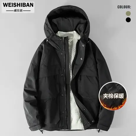 冬季潮牌休闲防水工装连帽冲锋衣男高级感痞帅穿搭加棉宽松棉衣男图片