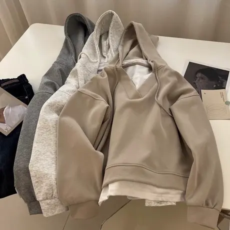 设计感假两件V领连帽卫衣女春秋装2023年新款宽松长袖上衣外套潮图片