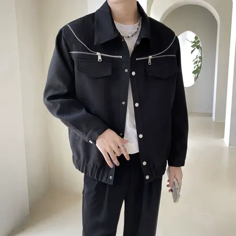 外套秋款男款纯色拉链装饰夹克外套美式潮牌秋季长袖男装纯色外套图片