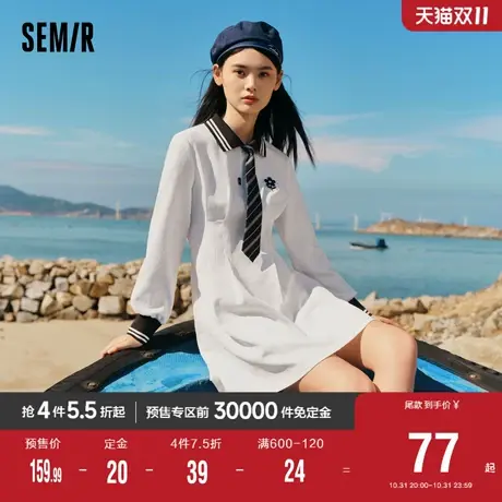 森马连衣裙女polo领撞色学院风2023春季新款刺绣肌理短裙文艺温柔图片