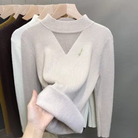 一体绒半高领毛衣女加绒加厚打底衫2023秋冬新款针织衫内搭上衣潮商品大图