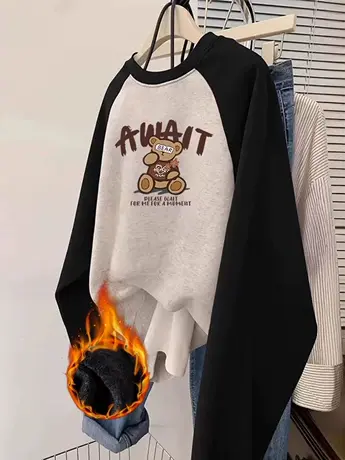 插肩圆领卫衣女秋冬加绒加厚新款港味复古chic大码宽松长袖上衣潮商品大图