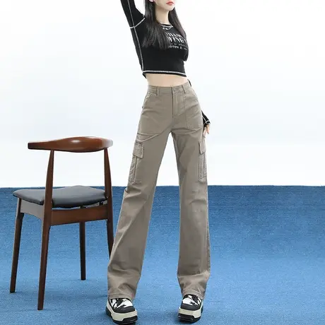 卡其色工装牛仔裤女设计感2023秋季新款宽松阔腿裤网红直筒休闲裤图片