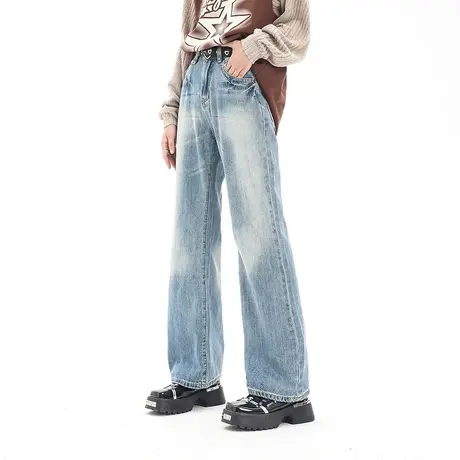 潮牌牛仔裤女2023年新款春秋款小个子复古宽松直筒长裤拖地老爹裤商品大图