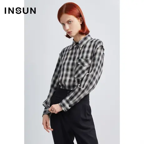 恩裳商场同款秋季时尚吸睛交叠黑白格纹自然光泽百搭衬衫商品大图