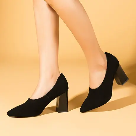 浓情漫宇秋季新款单鞋 女磨砂尖头高跟鞋子粗跟真皮女鞋G279图片