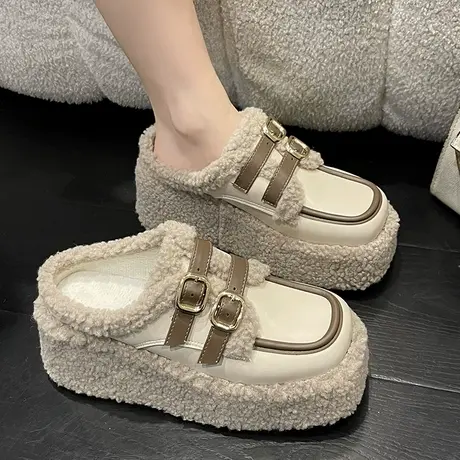 包头羊羔毛毛棉拖鞋女202秋季新款厚底增高小个子外穿懒人半拖鞋商品大图