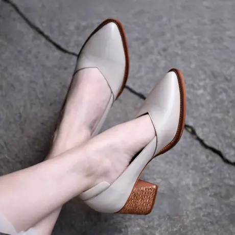 Artmu阿木原创复古高跟鞋女粗跟尖头浅口单鞋黑色皮鞋2023新款商品大图