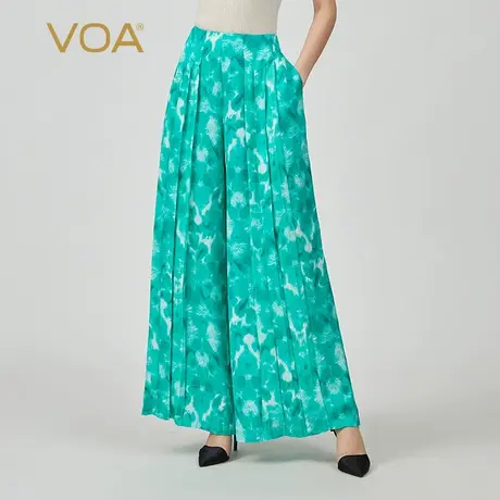 VOA真丝提花青枝绿叶自然腰褶皱斜插口袋清爽百搭桑蚕丝阔腿裤图片