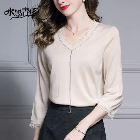 【1件7.9折】冬装新款时尚显瘦v领七分袖套头百搭短款毛针织衫女图片