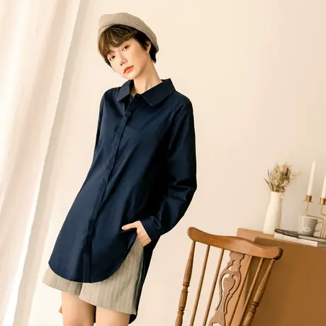 桔熊秋季衬衫女通勤宽松不对称中长款外套上衣胖妹妹大码AB13617商品大图