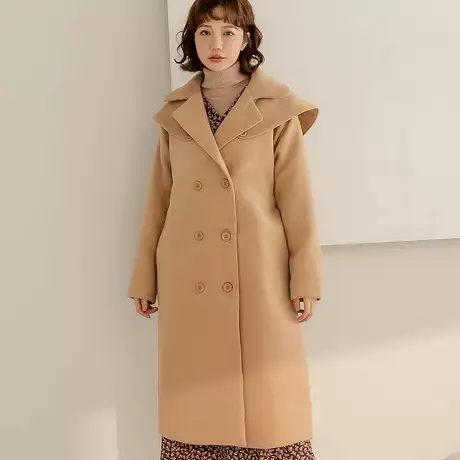 桔熊秋冬季双排扣毛呢料大衣复古廓形披肩长款外套女装大码EA3427图片