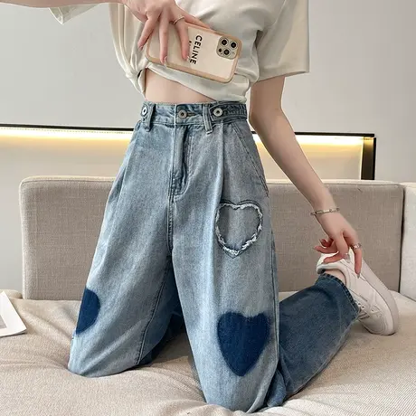 设计感小众爱心印花浅色阔腿裤女春夏新款垂感高腰显瘦压褶牛仔裤图片