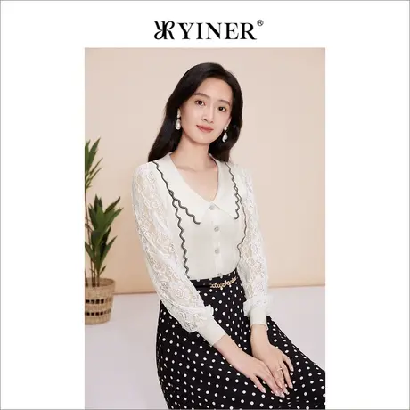 YINER音儿女装2023春季新款法式蝴蝶木耳边针织衫商品大图